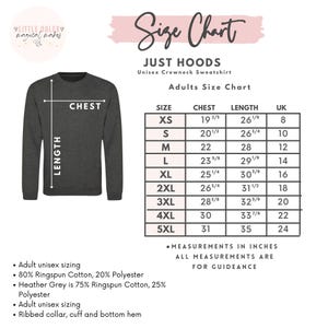 Puede incluir: Tabla de tallas para sudaderas unisex JUST HOODS. La tabla incluye medidas de pecho y largo en pulgadas para las tallas XS a 5XL. La sudadera es de color gris oscuro. La tabla tambi&eacute;n enumera la talla del Reino Unido.