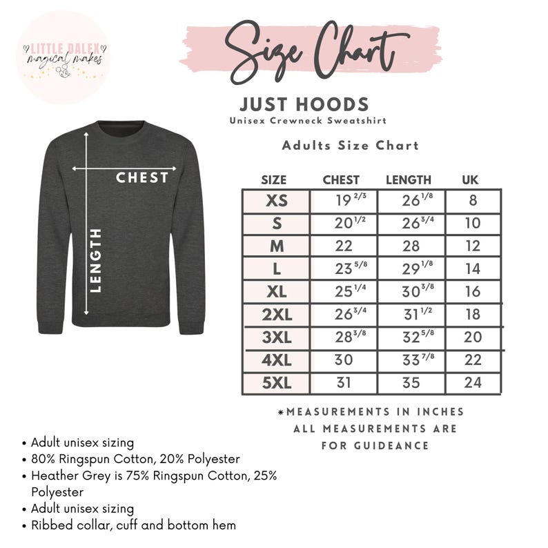 Puede incluir: Tabla de tallas para sudaderas unisex JUST HOODS. La tabla incluye medidas de pecho y largo en pulgadas para las tallas XS a 5XL. La sudadera es de color gris oscuro. La tabla tambi&eacute;n enumera la talla del Reino Unido.