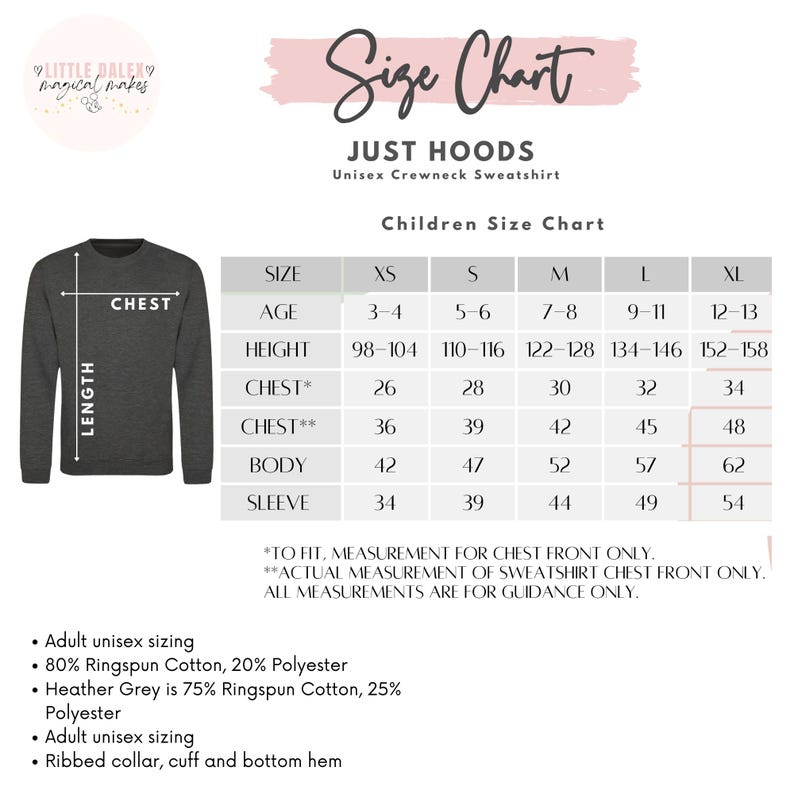 May include: A dark gray unisex crewneck sweatshirt with a size chart for children. The chart includes measurements for chest, body, and sleeve in inches. The sweatshirt is made of 80% ringspun cotton and 20% polyester.