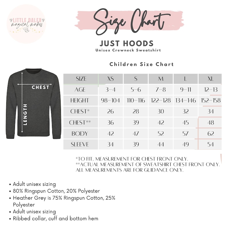 Puede incluir: Sudadera unisex de cuello redondo gris oscuro con una tabla de tallas para ni&ntilde;os. La tabla incluye medidas de pecho, cuerpo y manga en cm. La sudadera est&aacute; hecha de 80% algod&oacute;n hilado en anillos y 20% poli&eacute;ster.