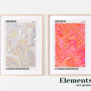 May include: Two framed art prints with abstract swirling patterns. The print on the left has a light gray, white, and yellow pattern. The print on the right has a pink, orange, and yellow pattern. Both prints have the text "HIGHER CONSCIOUSNESS" at the bottom.