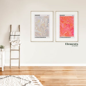 May include: Two framed abstract art prints with a white background and colorful swirls. The prints are titled "HIGHER" and "CONSCIOUSNESS". The text "Elements / art prints" is below the prints.