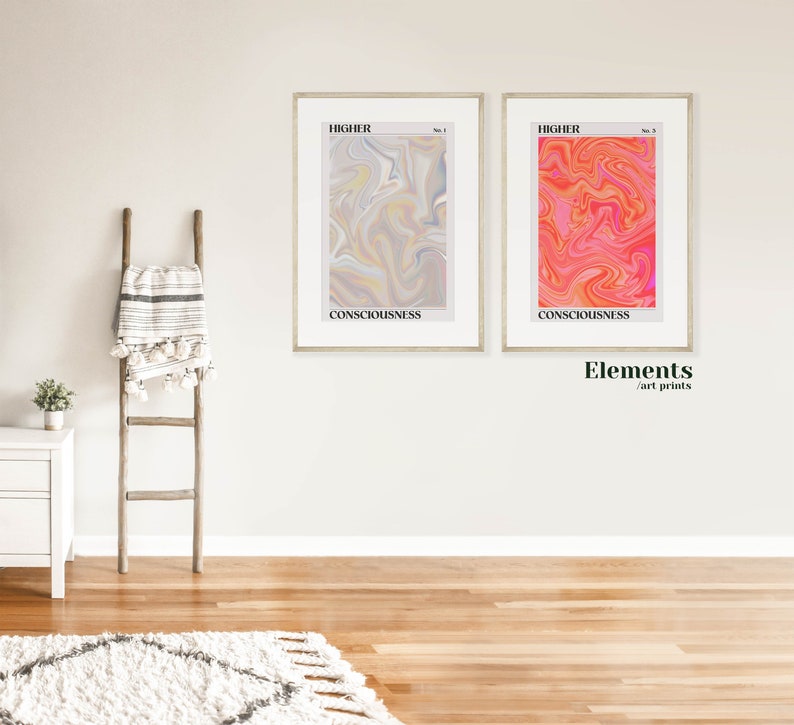 May include: Two framed abstract art prints with a white background and colorful swirls. The prints are titled "HIGHER" and "CONSCIOUSNESS". The text "Elements / art prints" is below the prints.