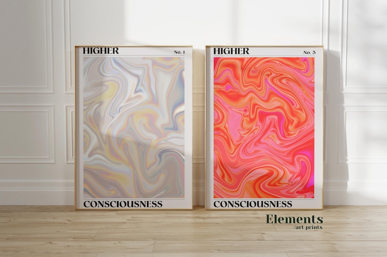 May include: Two framed abstract art prints with a swirling, liquid-like design. The print on the left is a light, pastel color scheme with a white background. The print on the right is a bright, vibrant color scheme with a red background. Both prints have the text "HIGHER CONSCIOUSNESS" at the bottom.