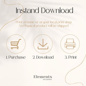 May include: Illustration of three steps to download and print a digital product: purchase, download, and print. The illustration features a shopping cart, a download arrow, and a printer.