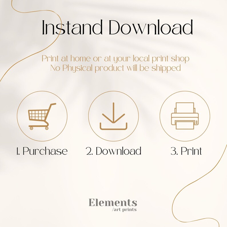May include: Illustration of three steps to download and print a digital product: purchase, download, and print. The illustration features a shopping cart, a download arrow, and a printer.