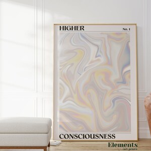 May include: A framed print with a swirling, abstract design in shades of pink, yellow, and blue. The print is titled "HIGHER CONSCIOUSNESS" and is labeled "Elements art prints" at the bottom.
