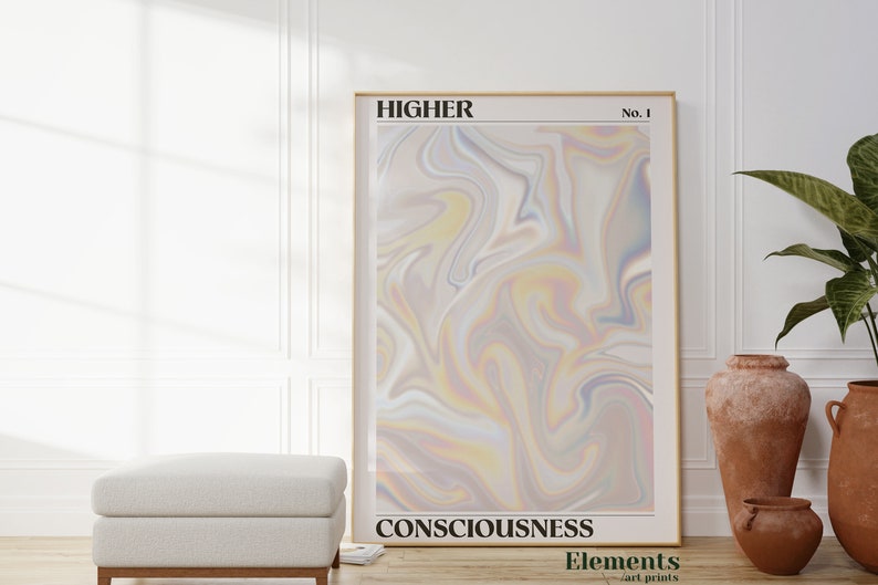 May include: A framed print with a swirling, abstract design in shades of pink, yellow, and blue. The print is titled "HIGHER CONSCIOUSNESS" and is labeled "Elements art prints" at the bottom.