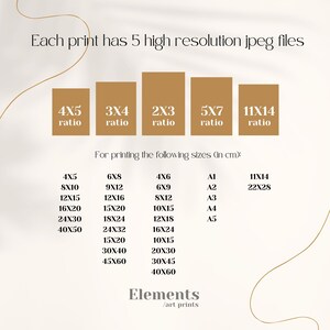 May include: A chart showing different print sizes and ratios for art prints. The chart includes sizes in inches and centimeters. The text "Elements / art prints" is at the bottom of the chart.