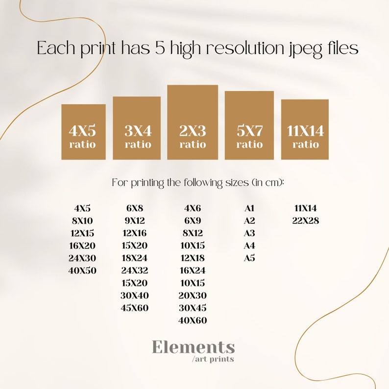 May include: A chart showing different print sizes and ratios for art prints. The chart includes sizes in inches and centimeters. The text "Elements / art prints" is at the bottom of the chart.