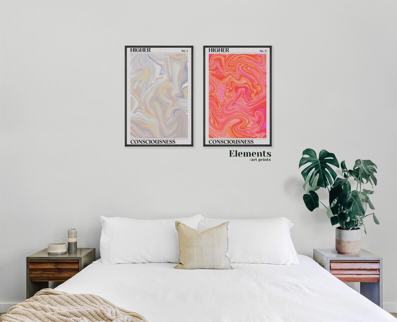 May include: Two framed abstract art prints with a swirling, marble-like design. The prints are titled "Higher Consciousness" and are part of the "Elements Art Prints" collection.