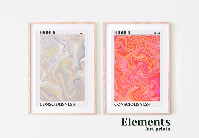 May include: Two framed art prints with abstract swirling patterns. The print on the left has a light gray, white, and yellow pattern. The print on the right has a pink, orange, and yellow pattern. Both prints have the text "HIGHER CONSCIOUSNESS" at the bottom.