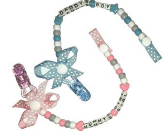 Personalised Dummy Clip UK Boy or Girl Handmade Dummy chain Bow dummy clip