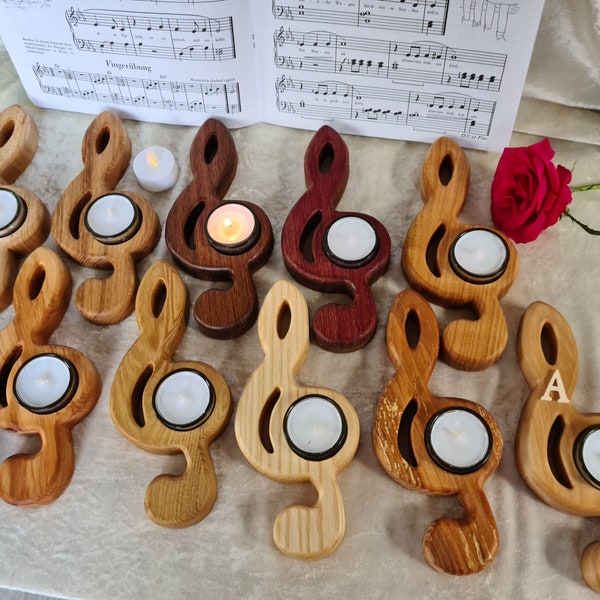 Treble clef tealight holder in various local precious woods. A gift for music lovers.