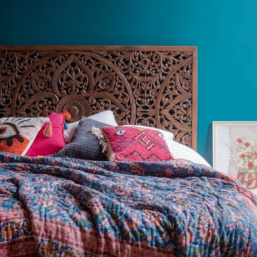 Headboard Boho Bedroom Hand Carved King Size Bed Headboard Etsy