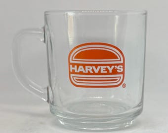 Harvey’s Hamburgers Restaurant Vintage Logo Clear Glass Promotional Coffee Mug