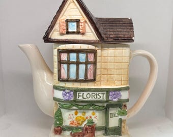 Vintage Cottage Teapot Florist Shop – Houston Harvest Collector’s Series – Everyday Expressions EE – Ceramic Novelty Teapot – Cottagecore