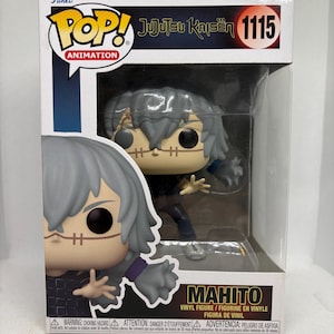May include: A Funko Pop! vinyl figure of Mahito from the Jujutsu Kaisen anime series. The figure is in a clear display box with the Funko Pop! and Jujutsu Kaisen logos. The figure has gray hair, stitched features, and is wearing a dark outfit.