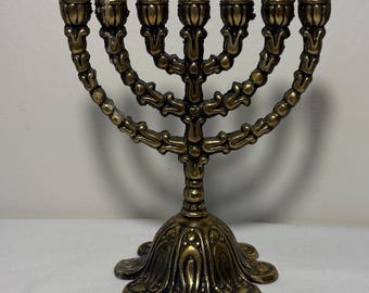 Vintage Jerusalem Brass Seven-Branched Menorah – 5.5” Judaica Candle Holder