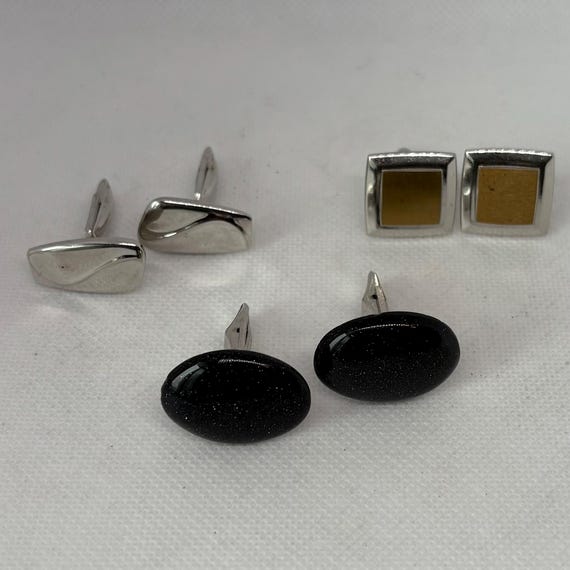 Lot De 3 Paires De Boutons De Manchette Vintage Argent Et Noir Lucite Confettis 20ème Anniversaire