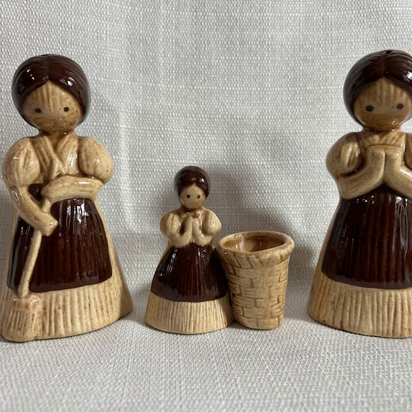 Prairie Girl Maid Salt and Pepper Shakers with Toothpick holder - Vintage Ceramic