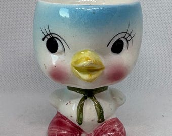 Huevera vintage con forma de pájaro azul antropomórfico: figura de cerámica kitsch (años 50-60)