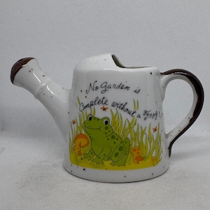Può includere: Annaffiatoio in ceramica bianca con manico e beccuccio marroni. L'annaffiatoio presenta un'illustrazione di rana verde con la scritta "No Garden is Complete without a Frog!" ed è decorato con funghi ed erba gialli.