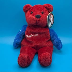 May include: A red teddy bear with blue arms and a black nose. The name "Patrick" is embroidered in white on the bear's chest. A tag is attached to the bear's ear. The bear is a soft toy.