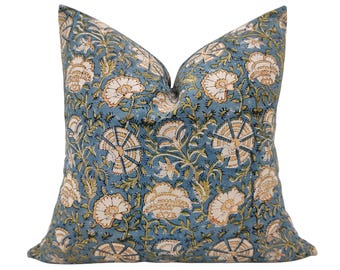 May include: A blue and white floral patterned pillow cover with a cream and brown floral design. The pillow cover is made of cotton and has a subtle sheen.