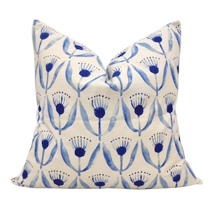 Cotton pillow cover. Royal Blue Dilly Flower Decorative Pillow Cover, Square or Lumbar Throw Pillow, ,  blue white Watercolor flowers.