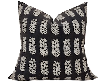Handmade Floral Block Print Cushion Cover: Black & Tan Cotton Pillow