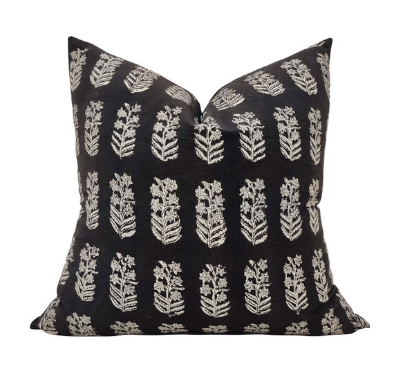 Handmade Floral Block Print Cushion Cover: Black & Tan Cotton Pillow