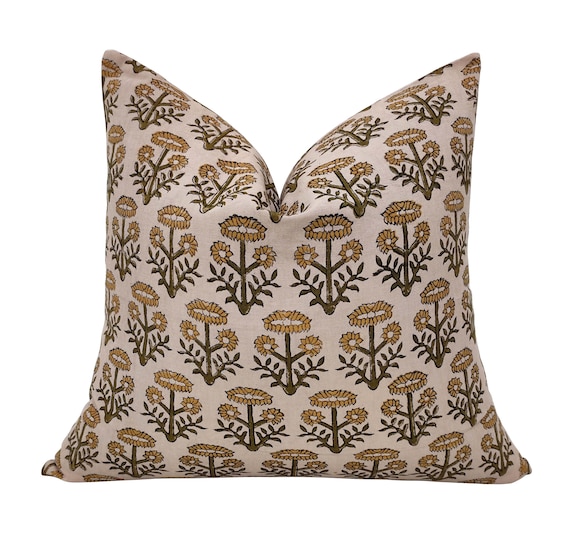 Yellow Floral Pillow Cover, Beige Cotton Cushion, Hand Block Print, Boho Home Decor, Indian Cushion Cover, Decorative Throw Pillow