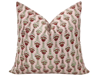 Funda de almohada con estampado de bloques a mano: algodón orgánico, estampado floral rosa y rojo