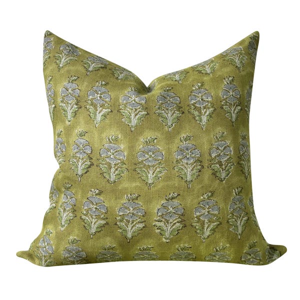 Olive green Luxury Hand Block Printed Linen Pillow Cover