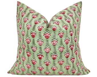 Funda de almohada con estampado a mano en bloque: algodón orgánico con estampado floral en rojo rosado