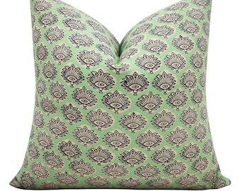 Hand Block Print Pillow Cover, Sage Green Cotton Cushion, Boho Ethnic Motif