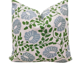 Housse de coussin en coton bleu et vert motif cachemire : impression bloc main