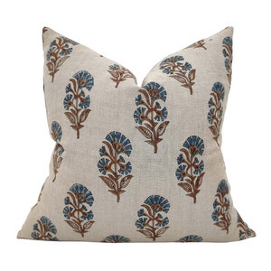 Designer Floral rust & blue on Natural Linen Pillow Cover, decorative Pillow cover, Boho Pillow, Decorative Throw Pillow,Floral pillow cover