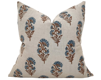 Handmade Floral Linen Pillow Cover: Rust & Blue Boho Decor