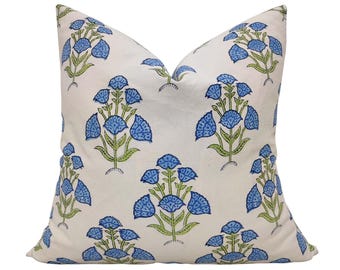 Blue Floral Hand Block Print Cotton Pillow Cover