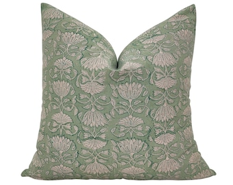 Sage Green Floral Hand Block Print Cotton Pillow Cover, Indian Boho Cushion