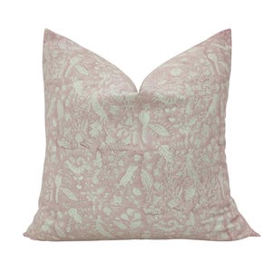 Hand Block Print Floral Pillow Cover: Pink & White Cotton Farmhouse Cushion