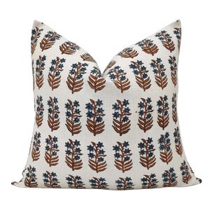 Block print blue and rust color floral pillow cover. white cotton  heavy slub  pillow cover. both side print . custom size