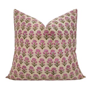 Floral Block Print Pillow Cover: Pink & Green Cotton Cushion