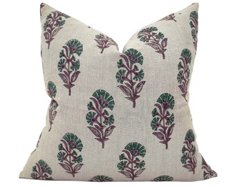 Floral Linen Pillow Cover: Green & Purple Handprinted Design