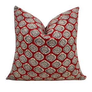 Red Block Print Pillow Cover: Handmade Cotton Decorative Pillow
