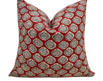 Red Block Print Pillow Cover: Handmade Cotton Decorative Pillow