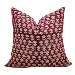 OPAL |Designer Maroon Floral Natural Cotton Pillow Cover, Block Print Pillow, Modern Farmhouse Pillow, , Floral Pillow Cover.
