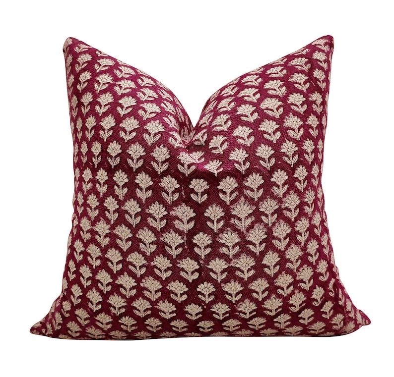 Maroon Floral Pillow Cover: Block Print Cotton, Modern Farmhouse Style ...